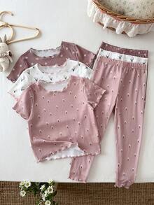 SHEIN 少女 6件/套 可愛碎花寬鬆短袖套頭上衣 & 休閒運動內搭褲套裝 - 彩色 - 查看 5