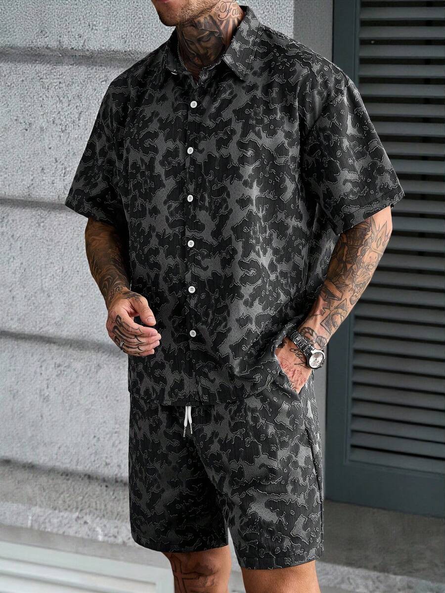 SLATEMANN 男士印花短袖单排扣衬衫和短裤套装 - 深灰色 - 查看 1