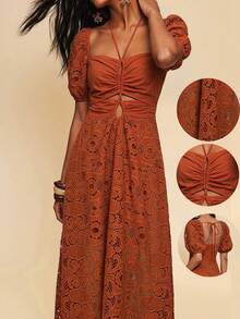 Travachic Elegant Romantic Holiday Women's Embroidered Long Dress Summer Holiday Outfits For Women - Rust Brown - View 3