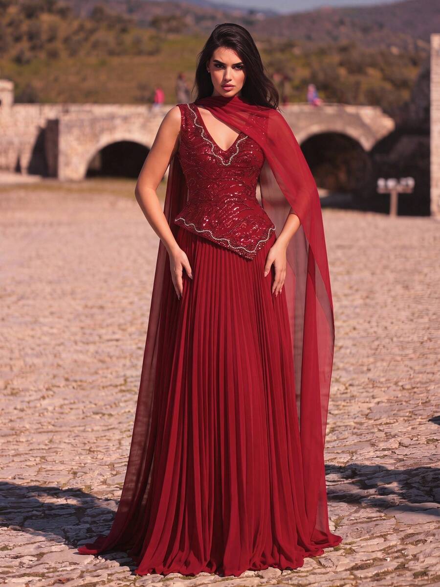 Aureia V-Neck Sequin Patchwork Pleated Hem Formal Evening Gown