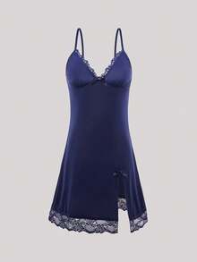 Hourtrue Lace Trim Bow Front Split Hem Cami Pajama Nightdressfor Summer - Navy Blue - View 1