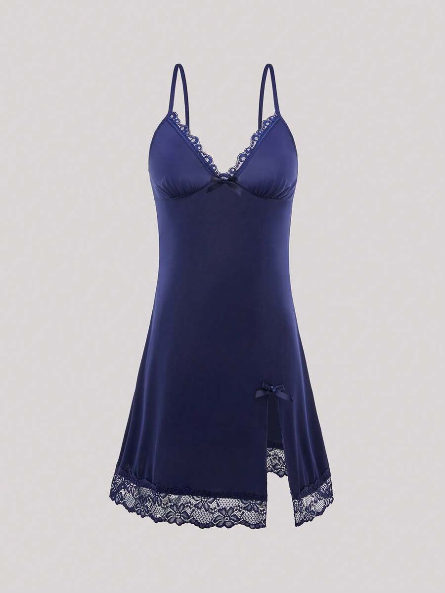 Hourtrue Lace Trim Bow Front Split Hem Cami Pajama Nightdressfor Summer - Navy Blue - View 1