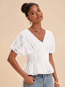Travachic Women's Vacation Casual Romantic Solid Color Hollow Embroidery Batwing Sleeve Waist-Defining Top Vacation White Summer - White - View 5