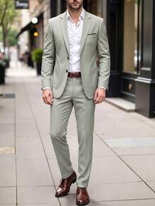 Manfinity Bizformal 男士素色缺口領單排扣長袖夾克與長褲休閒通勤西裝套裝，儀式、正式 - 綠色 - 查看 7