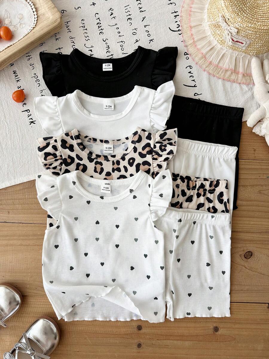SHEIN 8件組/女嬰0-3歲春夏季新品休閒日常外出可愛素色針織不對稱螺紋短袖背心T恤上衣與短褲套裝 - 彩色 - 查看 1