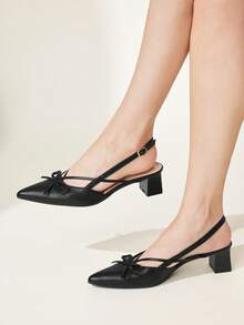 CUCCOO CHICEST Black Pointed Toe Bow Slingback Thick Heel Sandals, Workplace Commuting Temperament Shoes - List One Black - View 2