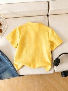 SHEIN Genkimix Kids Young Boy Stand Collar Short Sleeve Yellow Shirt With Pocket - Yellow - View 2