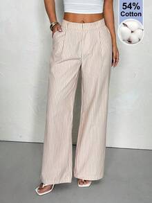 SHEIN PETITE 女款條紋長褲，舒適休閒褲，適合春夏穿著，夏威夷風兩件套，適合嬌小女性 - 卡其色 - 查看 1