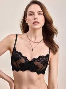 Hourtrue Women's Fashion Floral Lace Underwire Triangle Cup Bra, For Valentine's Day, Sexy Lingerie, Elegant,Lace Elegancefor Summerfor Summer - Black - View 4