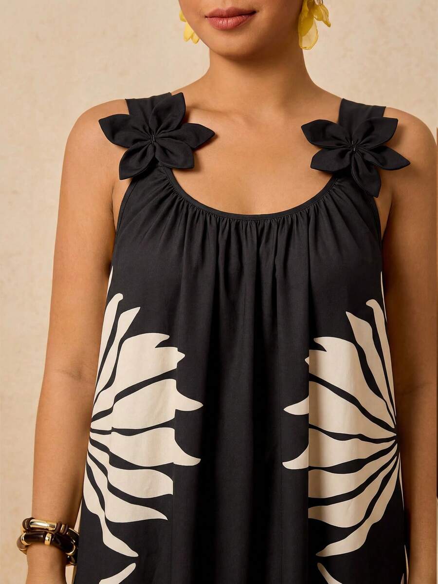 Travachic Plus Size Women's Vacation Botanical Print Casual Spaghetti Strap Dress - Black - View 1