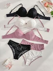 Snug Zone Women's Bowknot Lace Spliced Underwire Thin Cup Comfortable Plus Size Bra Set (3 Sets) - Multicolor - View 1