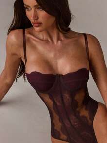 SHEIN BAE 女士撞色蕾丝波点网纱性感吊带连体衣 - 紫紅色 - 查看 6