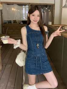 DAZY 女款露肩修身休閒牛仔套裝 夏季校園風 - 藍色 - 查看 4