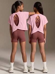 SHEIN Tween Girls Clothes Casual Sports Short Sleeve Back Hollow Out, Cute, School, Back To School - Pink - View 5