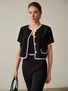 MOTF PREMIUM SUMMER CONTRAST TRIM SHORT SLEEVE SINGLE-BREASTED BUTTON-UP JACKET - Black and White - View 7