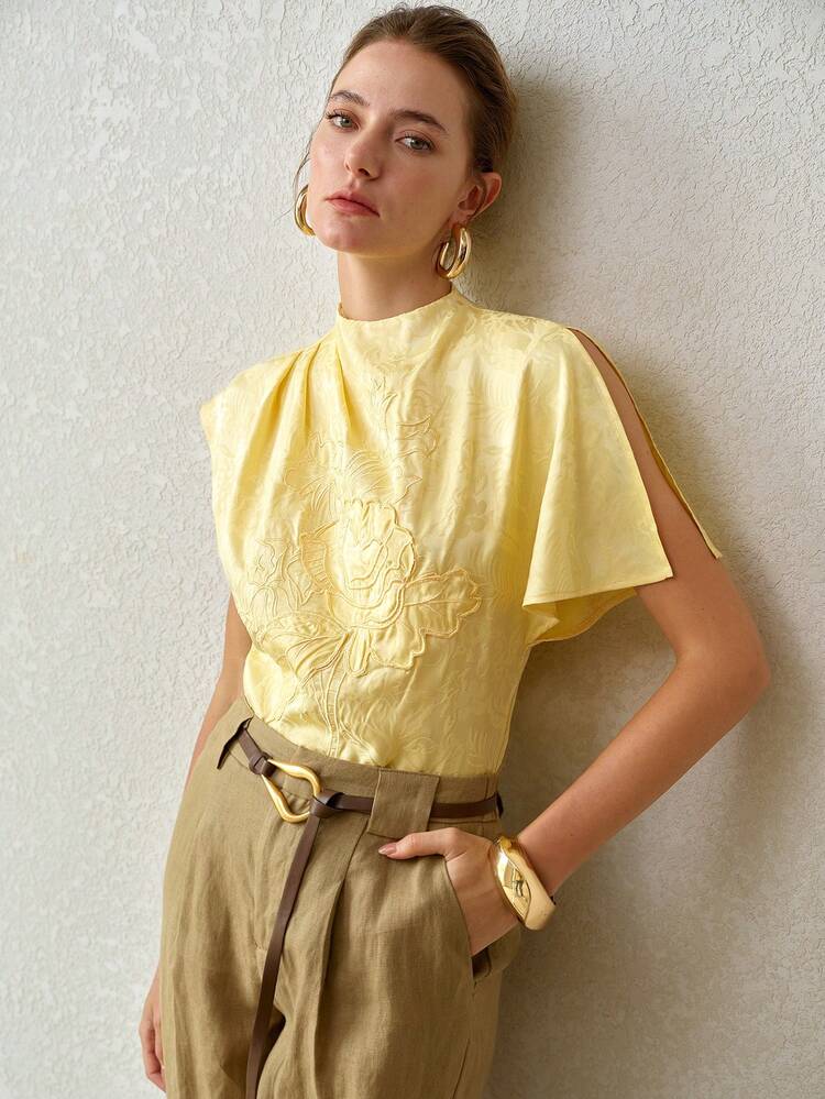 WOMEN'S SPRING/SUMMER JACQUARD FABRIC FLORAL EMBROIDERY STRUCTURED BLOUSE