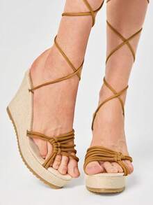 ROMWE Fairycore Women Platforms & Wedge Sandals Holiday Travel Essential Boho Cowgirl Outfit Summer - Beige + strap - View 3