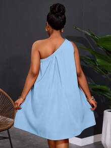 Slaydiva Plus Size Women's One Shoulder Sleeveless Solid Color Wide Leg Dress - Baby Blue - View 2