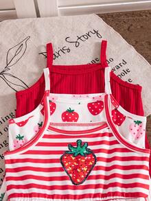 SHEIN 3pcs/Set Baby Girl Summer New Simple Butterfly Print Solid Color Ribbed Purple & Black 3D Bow Decor Casual Sleeveless Camisole Romper Shorts Set - Red - View 5