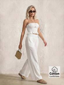 Sinnesro Off-White Autumn Casual Boho Vacation Holiday Linen Trousers,Spring/ Essential Stylish Versatile Retro Style Commuting Fashionable Beach Seaside ,Petite Women - White - View 8