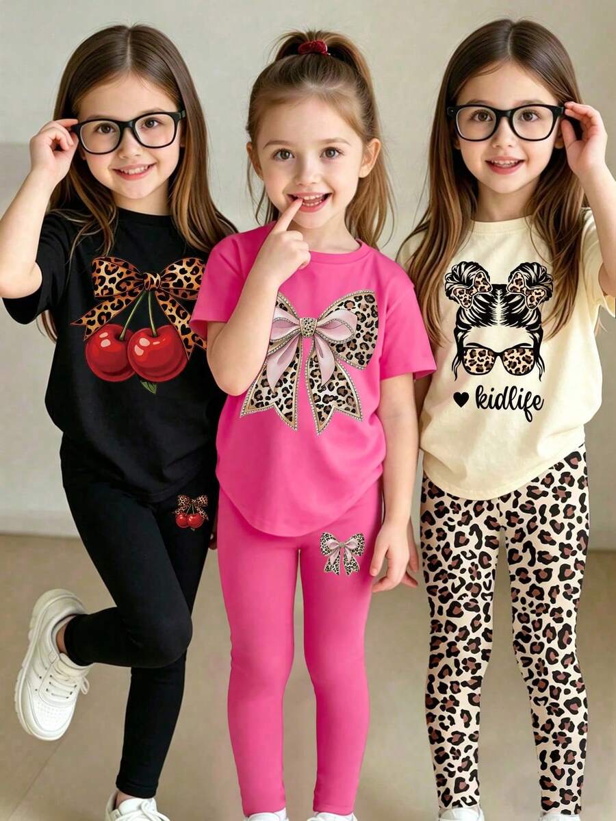 3套/6件女童幼兒夏季T恤與內搭褲套裝,女童上衣,輕量舒適底層,櫻桃、豹紋蝴蝶結、豹眼酷女孩,送給女兒的禮物,適合假期校園、戶外與日常穿著,休閒百搭,休閒運動組合套裝 - 彩色 - 查看 1