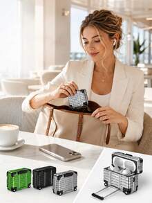 Haus Hana Earphone Case And Phone Holder Two In One Storage Box, Luggage Designed Headphone Storage Box, Luggage Shaped Design, Handle Pull Open To Reach Phone Holder, Apple Headphone Protective Cover, Headphone Protective Bracket. - Multicolor - View 7