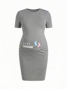 Modmama 孕婦圓領字母印花休閒日常洋裝 - 灰色 - 查看 5