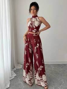Rafferiza 女士优雅度假两件套，吊带露背系带印花阔腿裤 - 酒紅色 - 查看 7