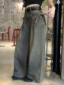 FRIFUL Women's Lace-Up Design Pleated Wide Leg Loose Casual Denim Jeans - Blue - View 3