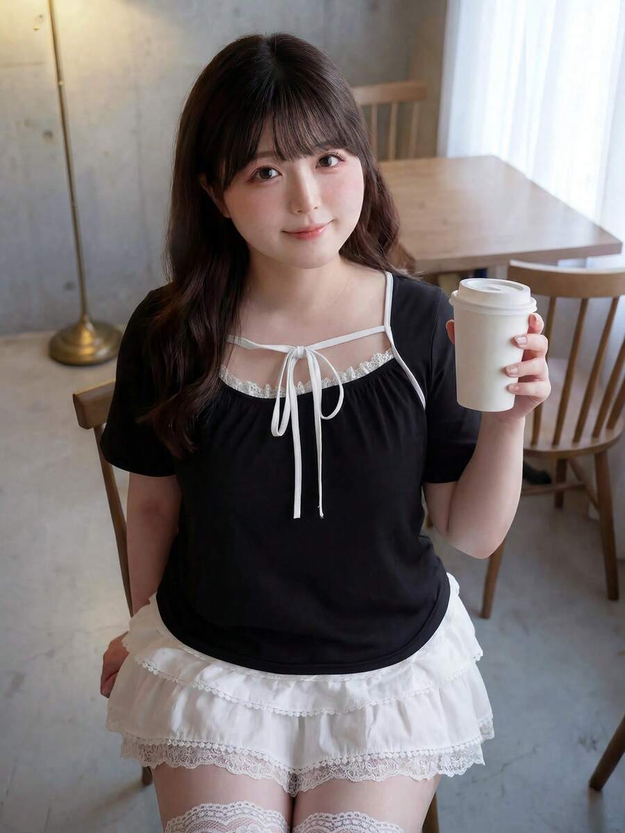 SHEIN Unity 櫻花季末限定版:大尺碼黑色方領綁腰短袖T恤 & 豹紋荷葉邊蛋糕裙 & 方領對比綁帶上衣 + 蕾絲內層設計,寬鬆修身剪裁,高腰彈性腰帶 & 多層荷葉邊蛋糕裙,豹紋滿版圖案,完美遮肚顯瘦,適合梨形與蘋果形身材,初夏柔軟面料,日系甜美時尚風,適合通勤、約會、賞花,適合五月黃金週出遊,大尺碼女性專屬顯瘦黑色上衣 - 黑與白 - 查看 1