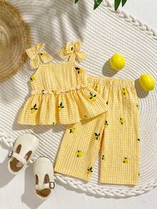 SHEIN Baby Girl Kids Yellow Plaid Camisole And Shorts Set With Lemon Print For Vacation Style Two Pieces Summer Outfit Holiday - Yellow - View 5