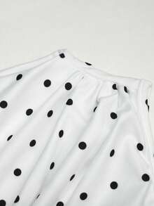 SHEIN Body & Mono para niñas preadolescentes, mono ajustado de punto blanco con estampado de lunares y cintura fruncida - Blanco - Ver 5