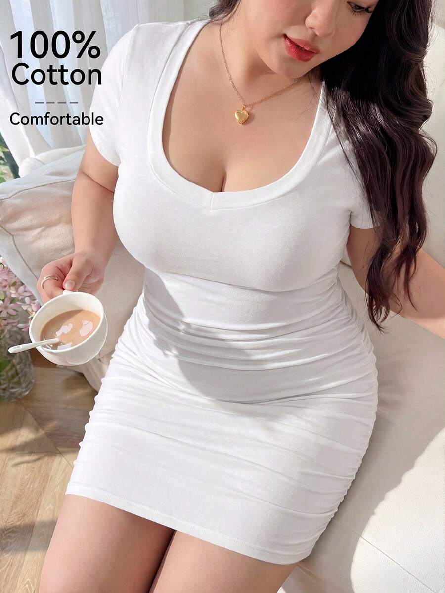 CovetEZ Comfortable Cotton Square Neck Short Sleeve Casual Slim Fit Plus Size Dress, White - White - View 1