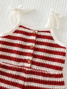Cozy Pixies Baby Girl Contrast Color Striped Pattern Knit Soft Suspender Romper Shorts - Red - View 3