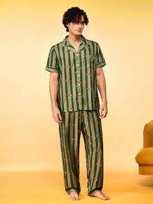 Notgurli Striped Print Open Front Lapel Short Sleeve Long Pants Men's Loungewear Pajama 2 Pieces Set - Multicolor - View 3