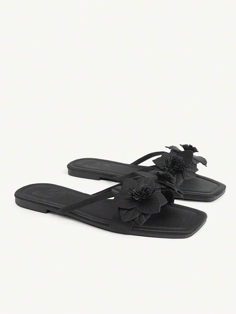 CUCCOO CHICEST New Black Square Toe Internet Celebrity Flower Fashion Comfortable Women Flat Sandals