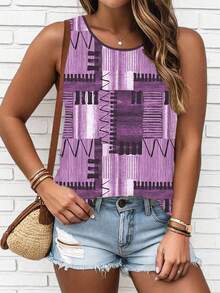 SHEIN LUNE CURVE Plus Size Patchwork Printed Casual Crew Neck Sleeveless Top, Daily Wear Women Tank Tops - Multicolor - View 3