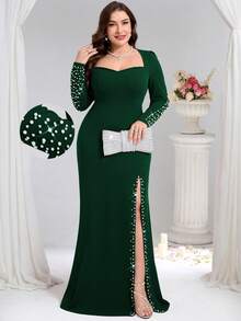 Coutiva Đầm dạ hội chính thức size lớn đính ngọc trai giả, xẻ tà gấu váy (thiết kế tinh xảo) - màu xanh lá - Xem 1