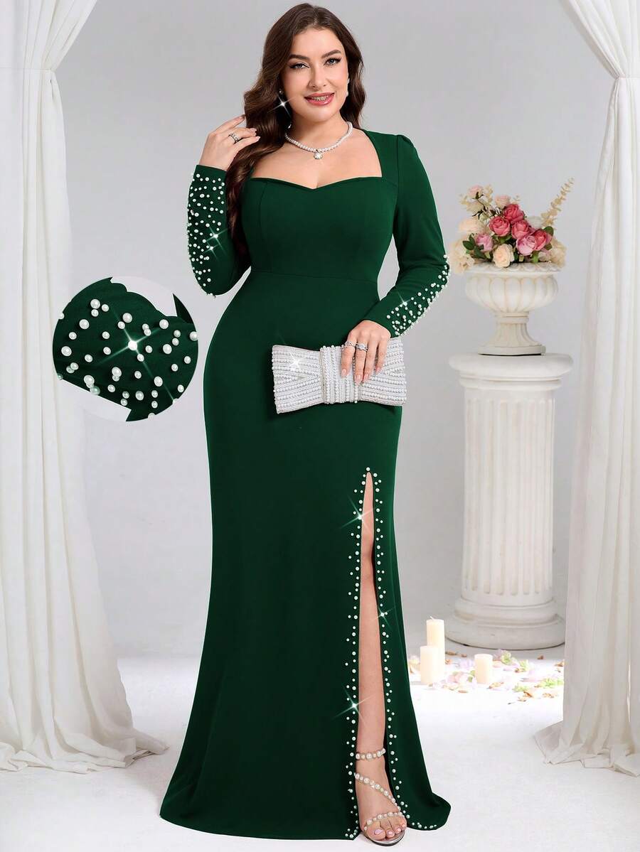 Coutiva Đầm dạ hội chính thức size lớn đính ngọc trai giả, xẻ tà gấu váy (thiết kế tinh xảo) - màu xanh lá - Xem 1