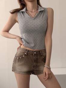 DAZY 女款 V 領羅紋波點修身短版背心上衣 夏季 - 灰色 - 查看 8