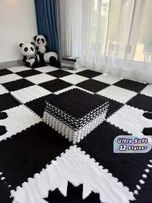 12PCS Set Ultra Soft Black White Patchwork Rug Set Durable Soft Rug For Bedroom Living Kitchen Bathroom Washable Trimmable Size 12x12 Inch Fashion Geometric Pattern Floor Mat Home Decor Washable Floor Carpet - A - View 1