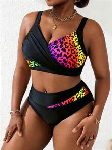 Slaydiva Conjunto de traje de baño de 2 piezas para mujer talla grande con bloques de color negro & rosa, camisola fruncida, separables, para vacaciones de verano en la playa - Multicolor - Ver 5