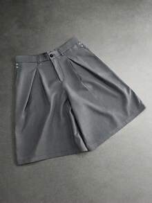 PAVTROS Men's Double Pleated Silhouette Rivet Design Wide Leg Shorts Casual Versatile - Dark Grey - View 4