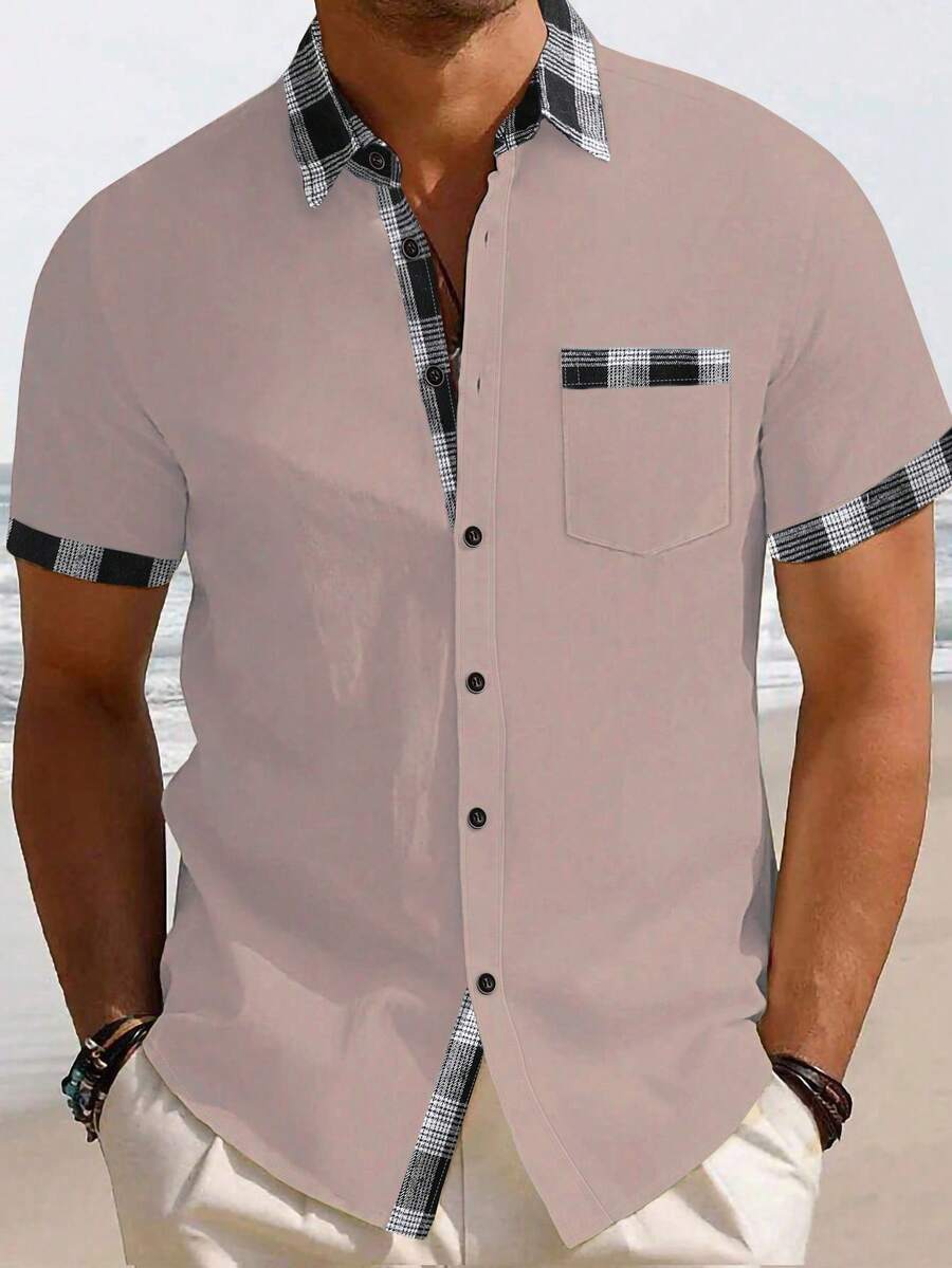 Manfinity Homme 男士时尚格子单排扣口袋短袖衬衫 - 粉色 - 查看 1