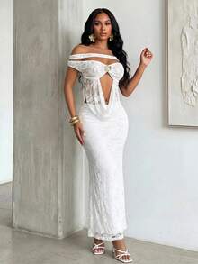 Glyssa Women's Contrast Lace Metal 3D Flower Decor Cutout Off-Shoulder Sexy Top Club Night White Summer - White - View 1