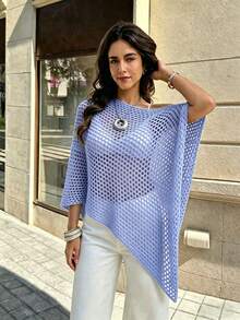 SHEIN PariChic Sweater Wanita Warna Polos Leher Bulat Desain Berongga Hem Asimetris untuk Liburan Musim Panas Warna Biru Muda Gaya Boho - Biru - View 4