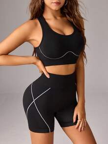 Dewbera Dewbera Women's Casual Modest Athleisure Sports Tank Top High Waist Tummy Control Shorts Set Gym Black And White Summer - Black - View 7