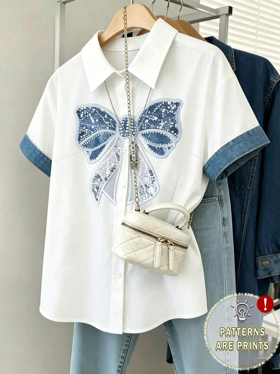 GlowEve Damen Sommerhemd mit Position Muster, Denim-Effekt, Schleife und kurzen Ärmeln - Weiss - Übersicht 1