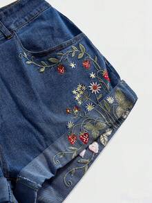 ROMWE Fairycore Plus Size Women's Casual Versatile Daily Denim Shorts With Pocket, Button And Floral Embroidery Pattern - Blue - View 4