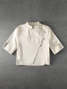 ROMWE MEN Casual Men's Solid Color Small Stand Collar Metal Button Shoulder Epaulette Decor Court Style Asymmetric Placket Half Sleeve Denim Shirt - White - View 1